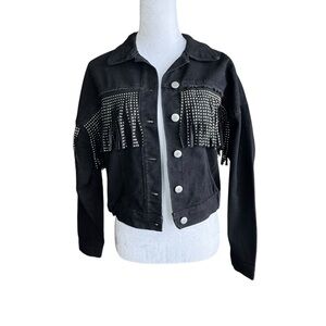 EXCUSE Vintage 90s Jean Jacket Studded Fringe Black Denim Womens Medium